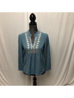 Tanzara Peasant Top Womens Size Medium Blue Bedazzled V Neck Shirt Boho Hippie